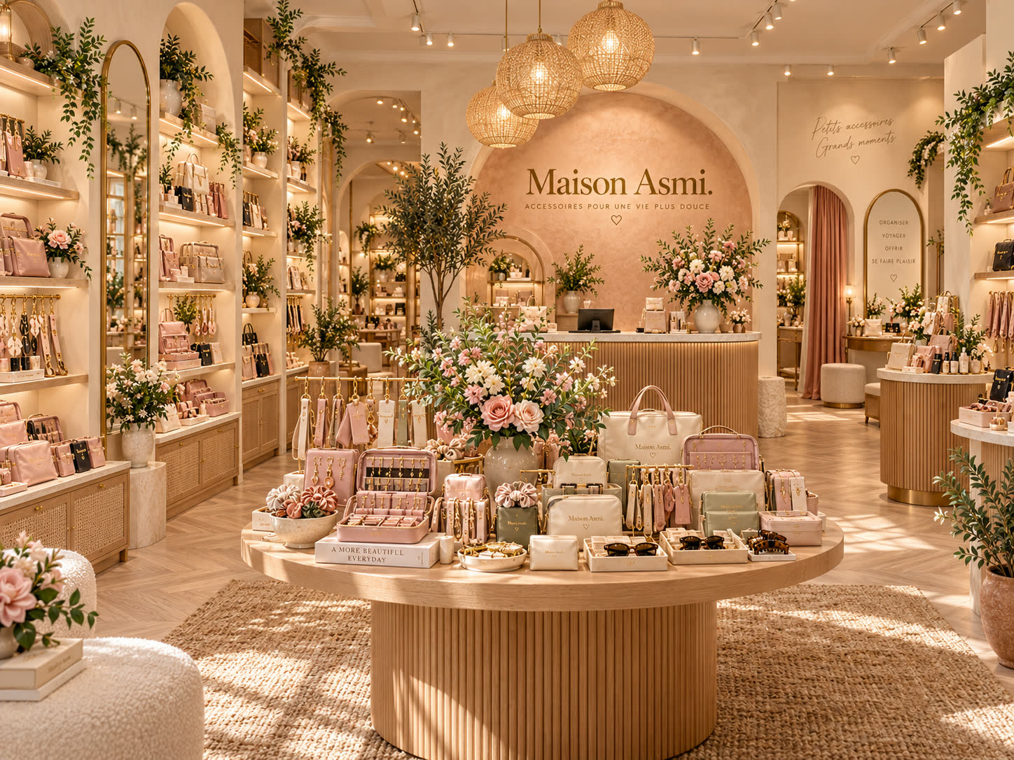 Table de cadeaux, fleurs et suspensions tressées chez Maison Asmi