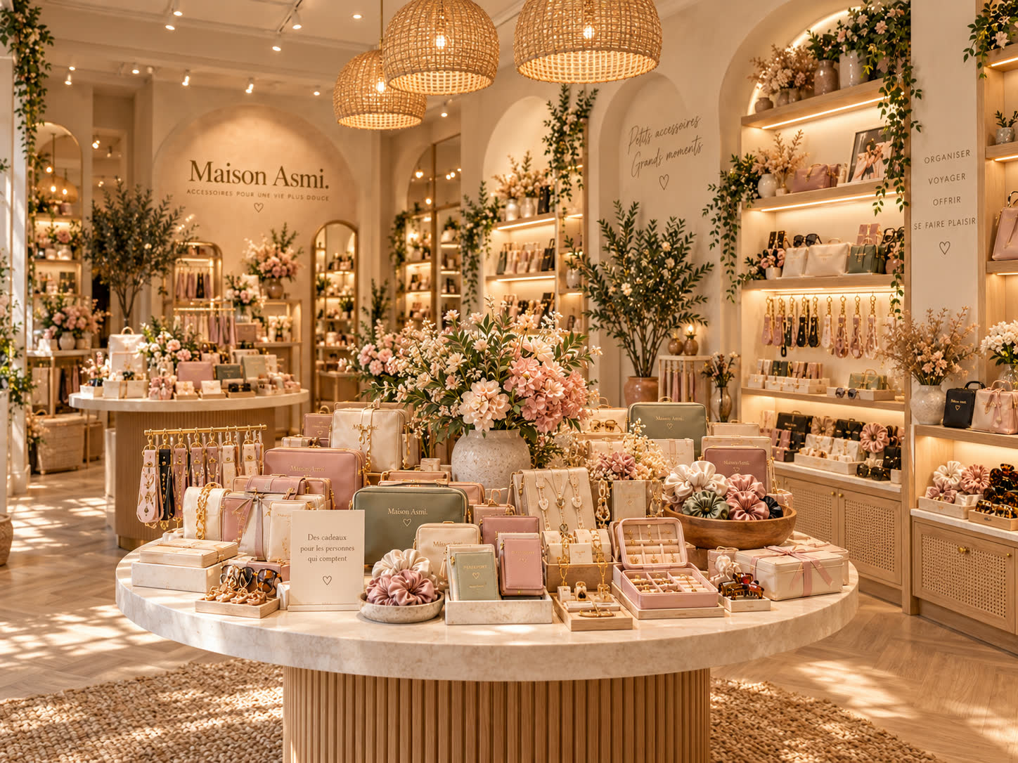 Bijoux et petits accessoires exposés parmi les fleurs dans la boutique