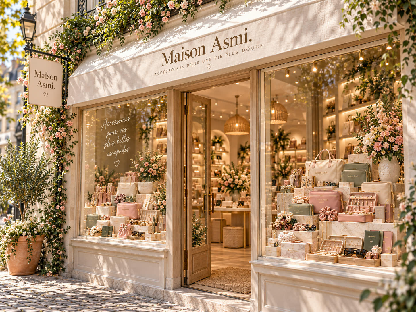 Sacs et accessoires présentés dans la vitrine fleurie de Maison Asmi
